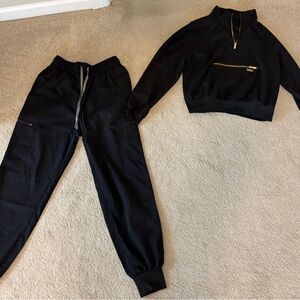 Black Women's Cropped Quarter-Zip Sweatshirt & Jogger Set